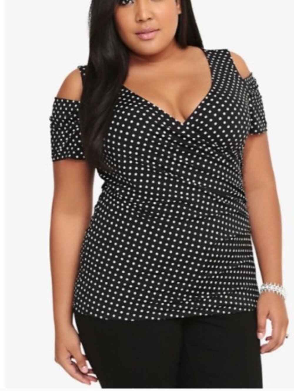 Torrid Brand Women's size 1 NWT Black & White Polka Dot Cold Shoulder V Neck Top